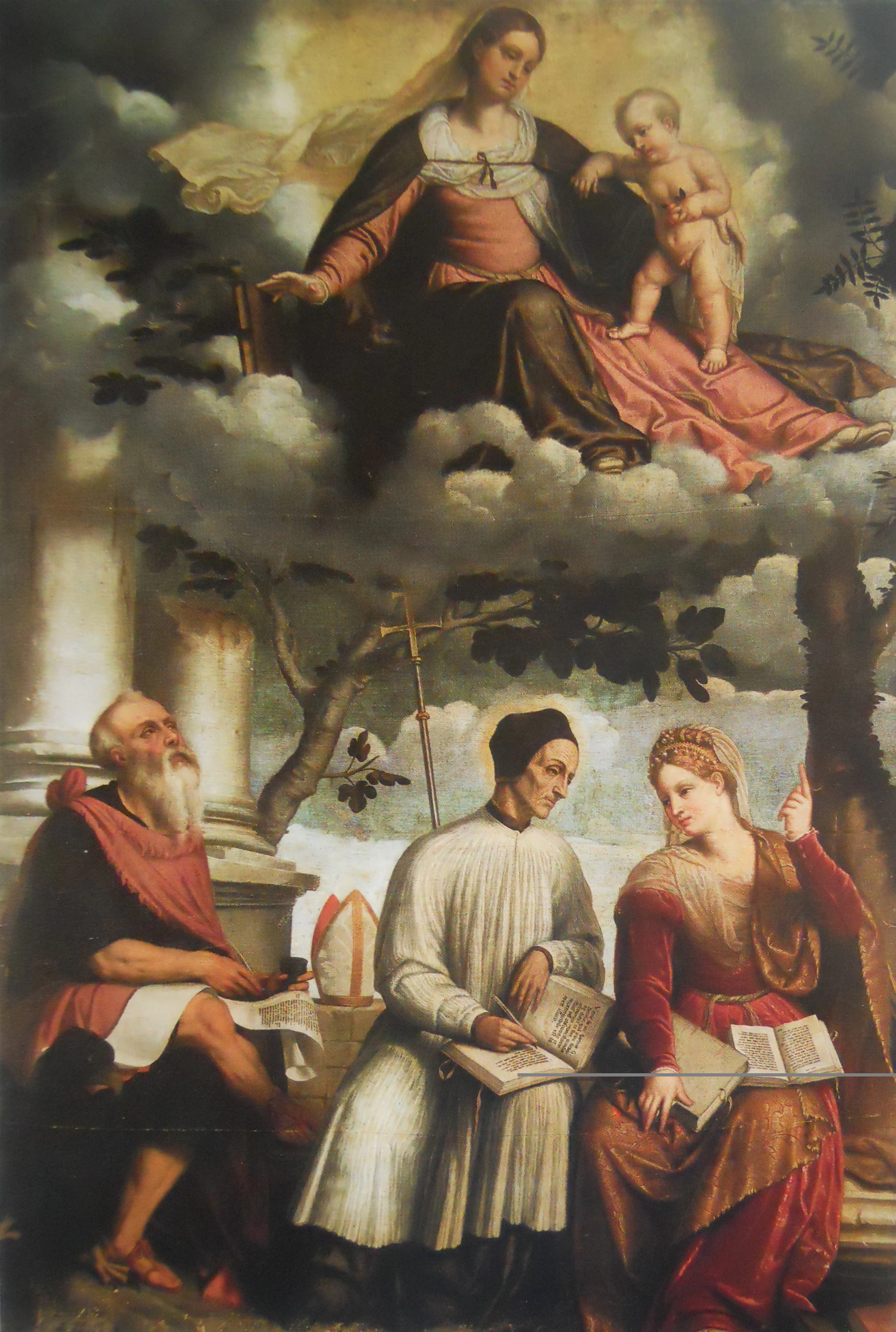 68-Alessandro Bonvicino-Moretto-Madonna col Bambino in gloria coi santi Giovanni Evangelista, Lorenzo Giustiniani e l'allegoria della Sapienza Divina-Brescia
